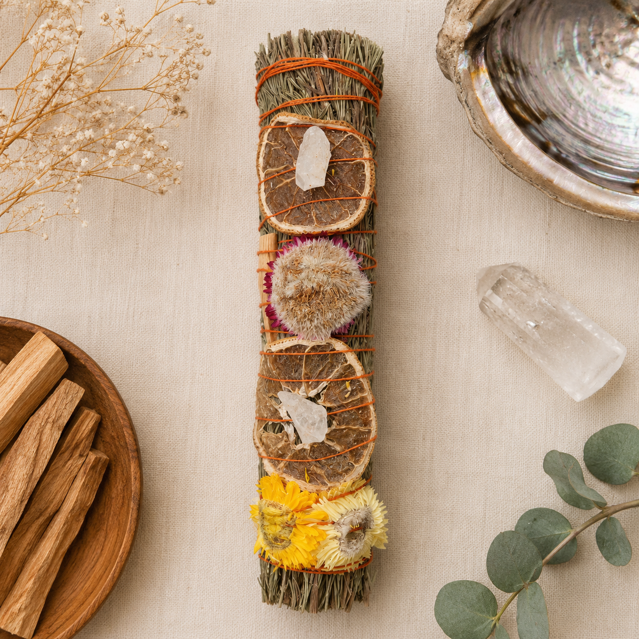 9in Ritual Wand Smudge Stick with Rosemary, Palo Santo and Quartz