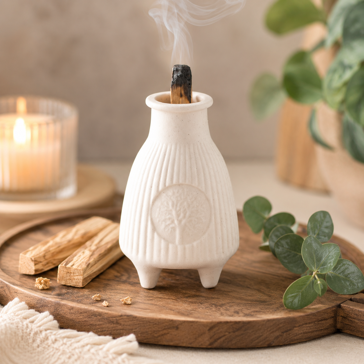 Cream Ribbed Palo Santo Burner