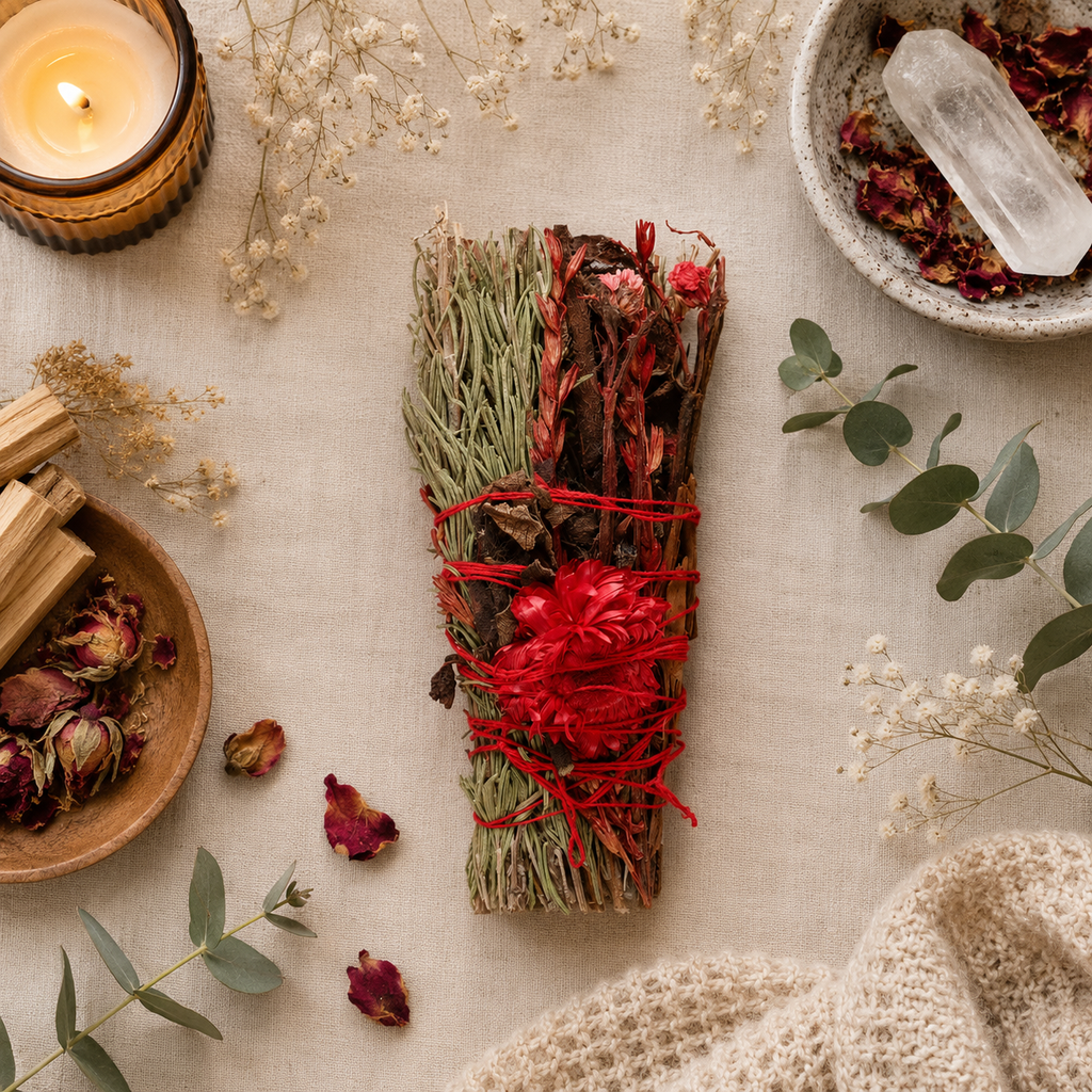 6in Ritual Wand Smudge Stick with Rosemary and Red Flowers