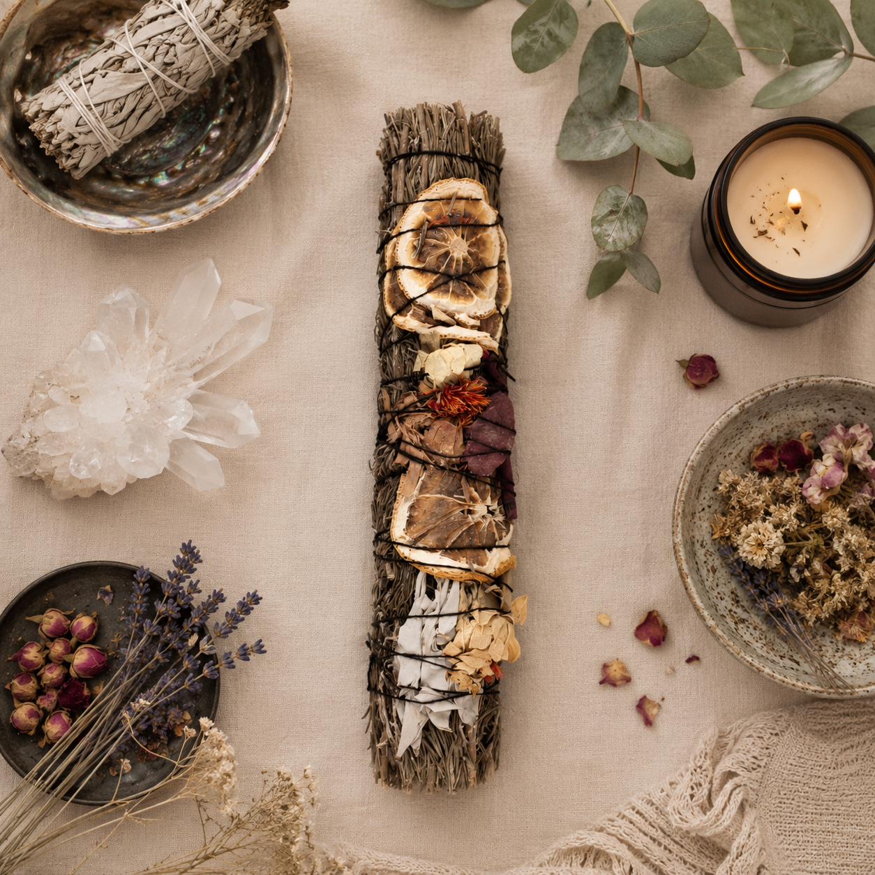 9in Ritual Wand Smudge Stick with Rosemary, Palo Santo and Red Jasper