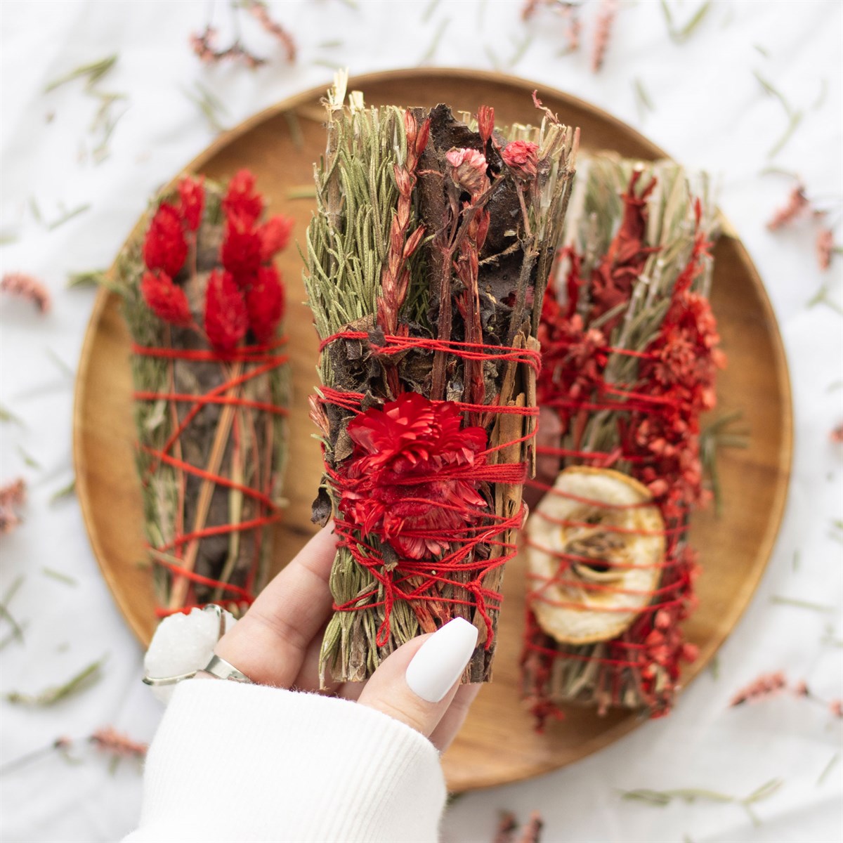 6in Ritual Wand Smudge Stick with Rosemary and Red Flowers