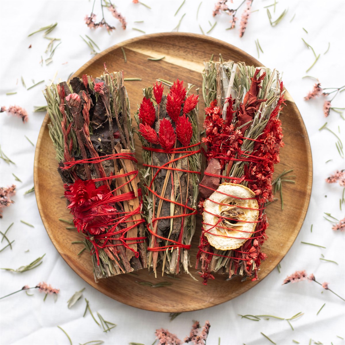 6in Ritual Wand Smudge Stick with Rosemary and Red Flowers