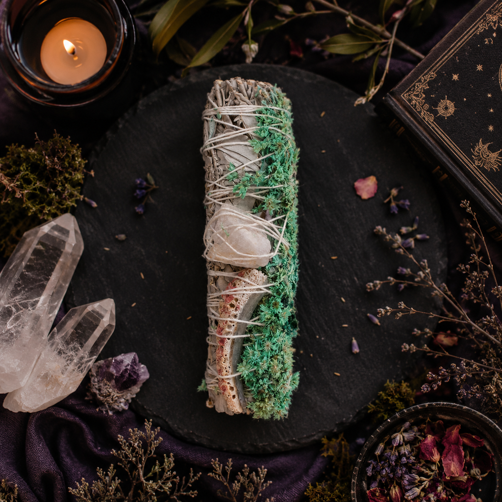 6in Ritual Wand Smudge Stick with White Sage, Abalone and Quartz