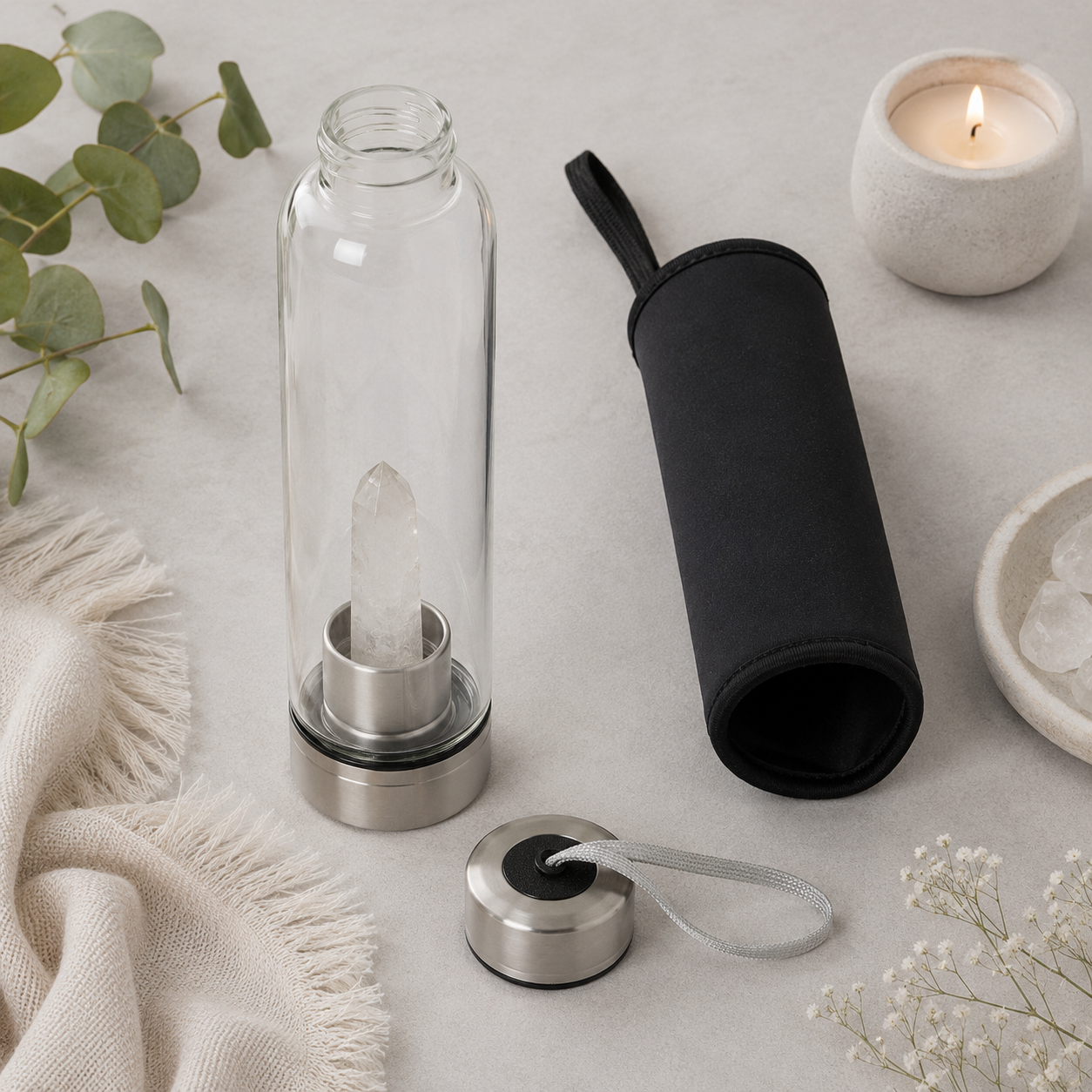 Clear Quartz Energising Glass Water Bottle