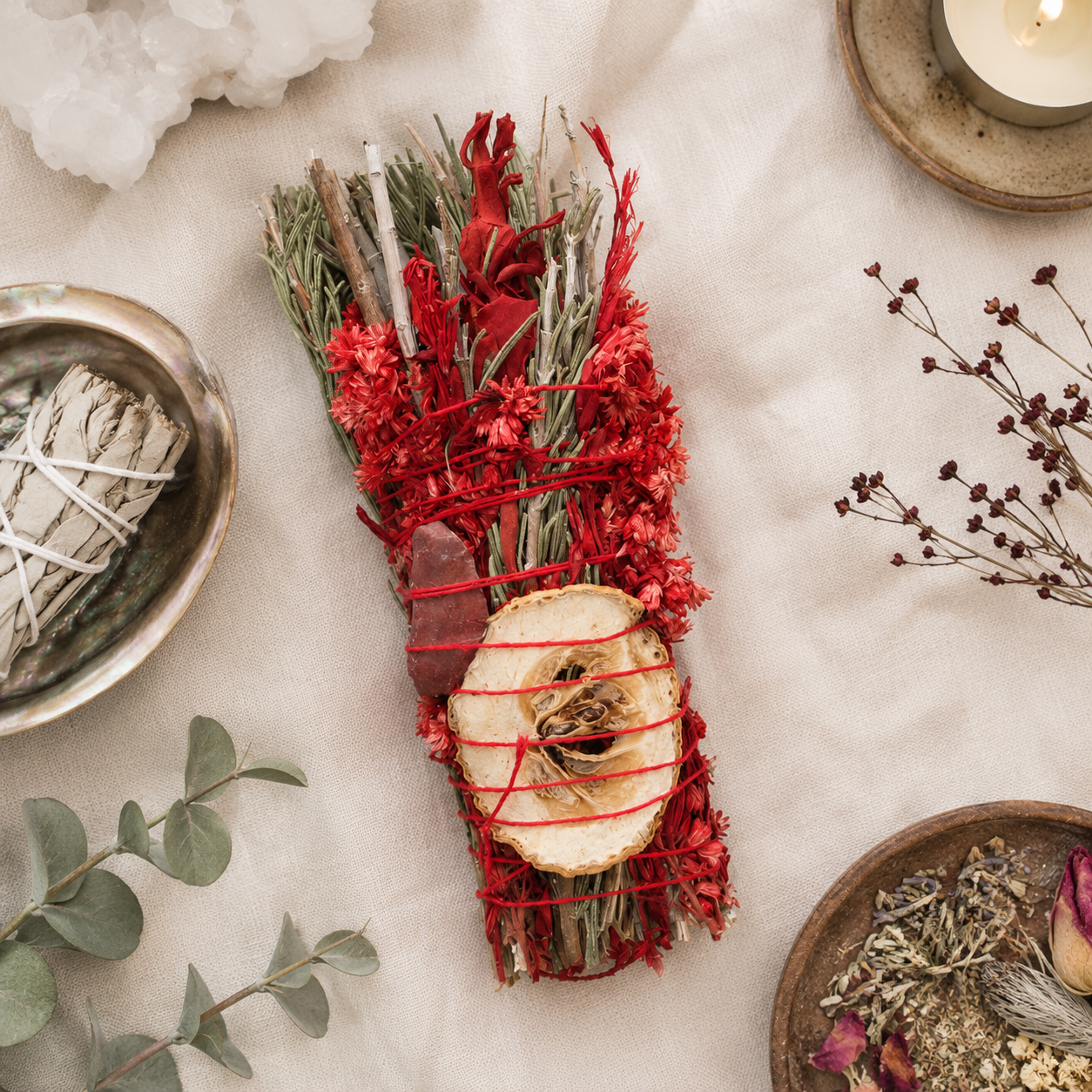 6in Ritual Wand Smudge Stick with Rosemary, Sage and Red Jasper