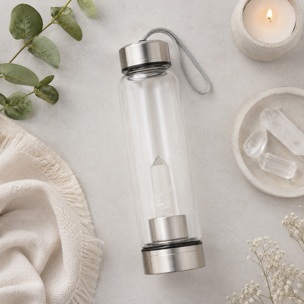Clear Quartz Energising Glass Water Bottle